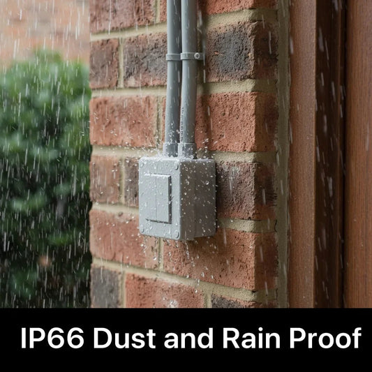 Dust and rain proof electrical box on a brick wall with text 'IP66 Dust and Rain Proof'.