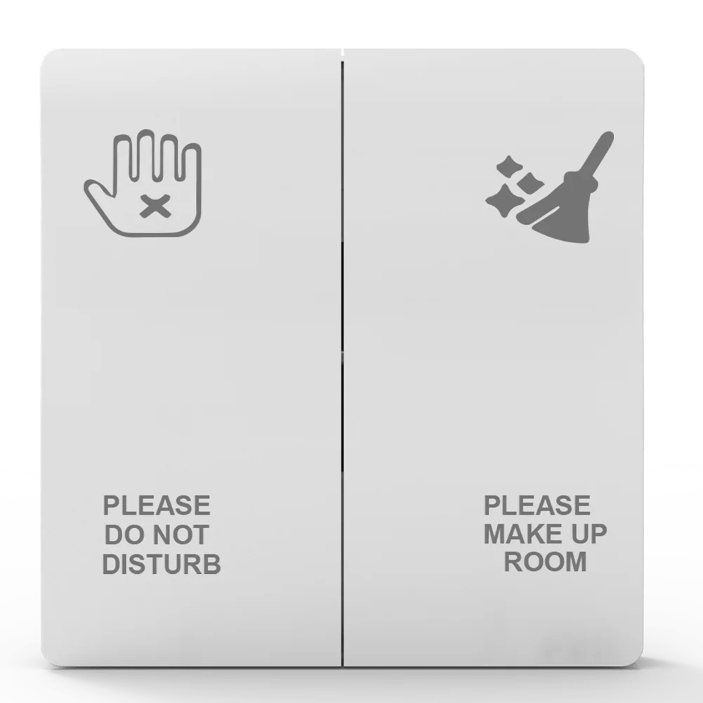 Two signs on a door with symbols and text indicating 'Please Do Not Disturb' and 'Please Make Up Room'.