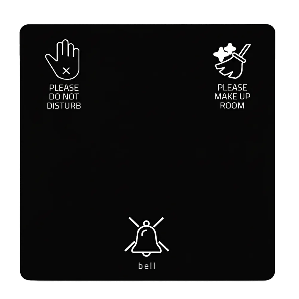 Black sign with white icons and text for a bell, do not disturb, and make up room.