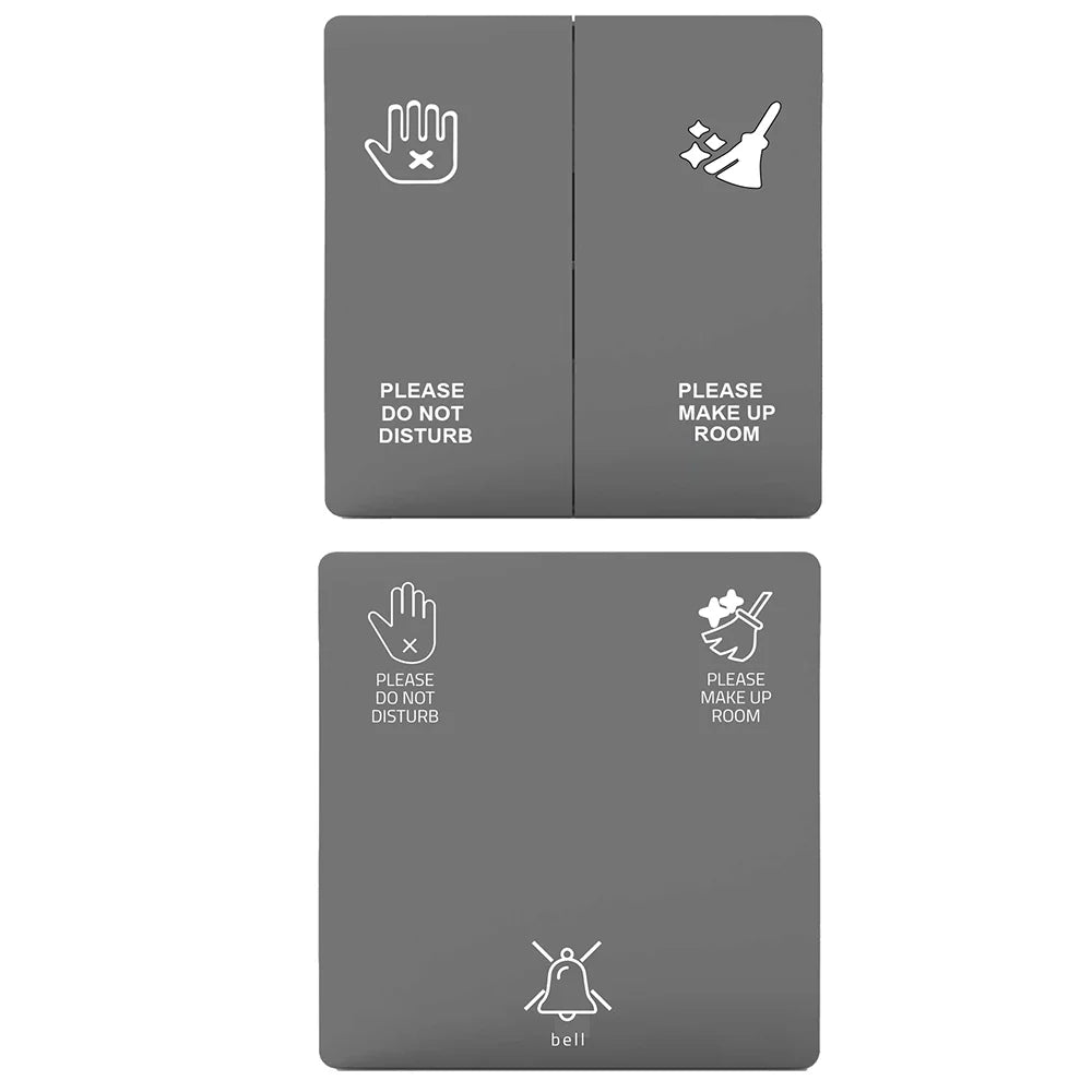 Two gray signs with white icons and text on a white background