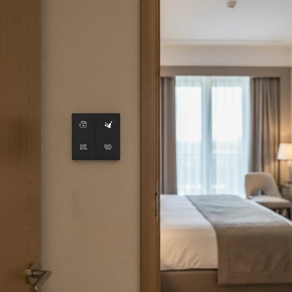 Control panel on a hotel room door with a view into the bedroom.