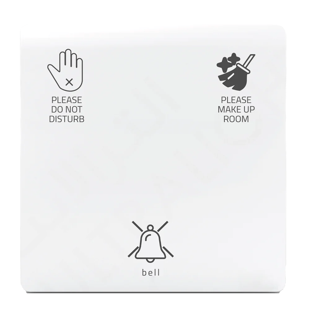 Control panel with icons for 'Do Not Disturb', 'Make Up Room', and a bell on a white background.