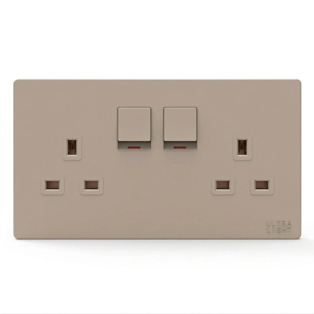 Beige electrical socket with two switches on a white background