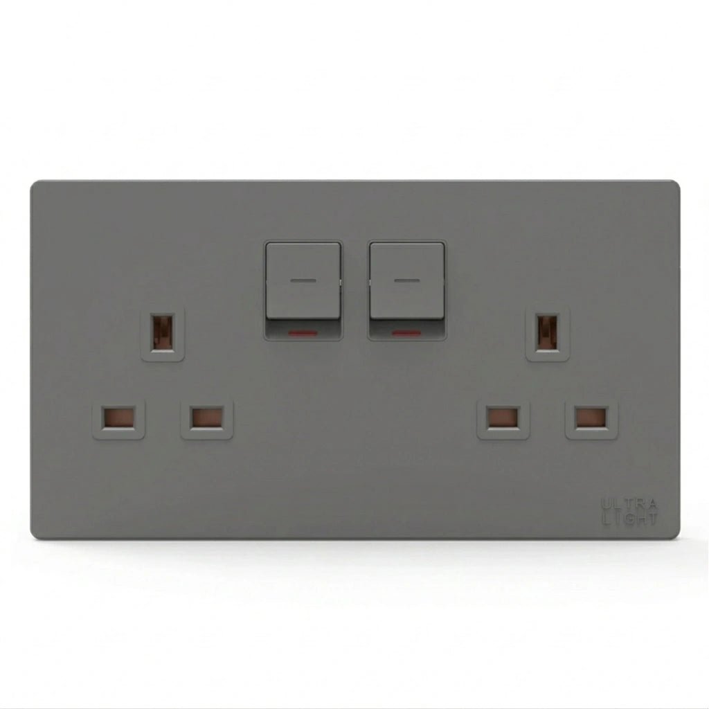 Gray electrical socket with two switches on a white background
