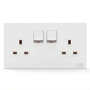 White electrical socket with two sockets and two switches on a white background