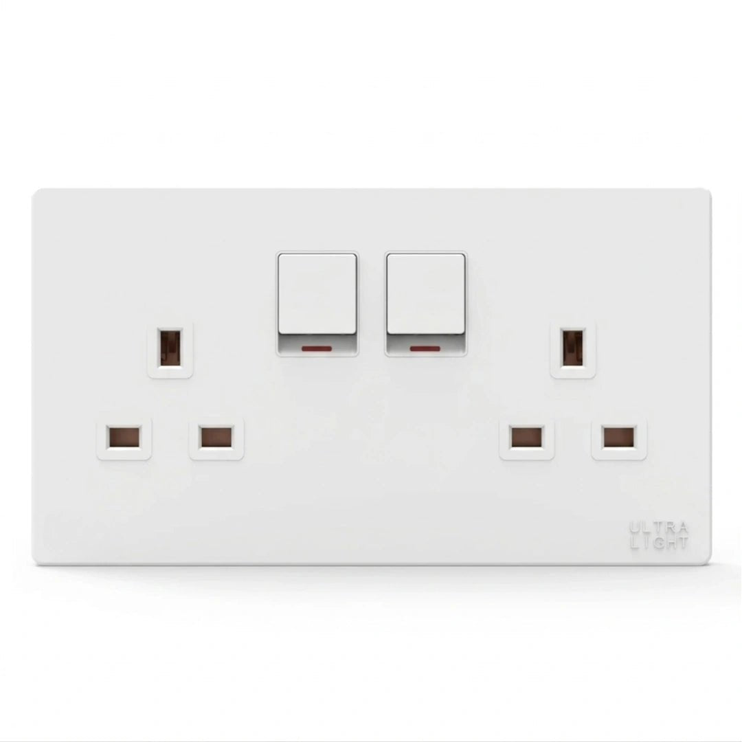White electrical socket with two sockets and two switches on a white background