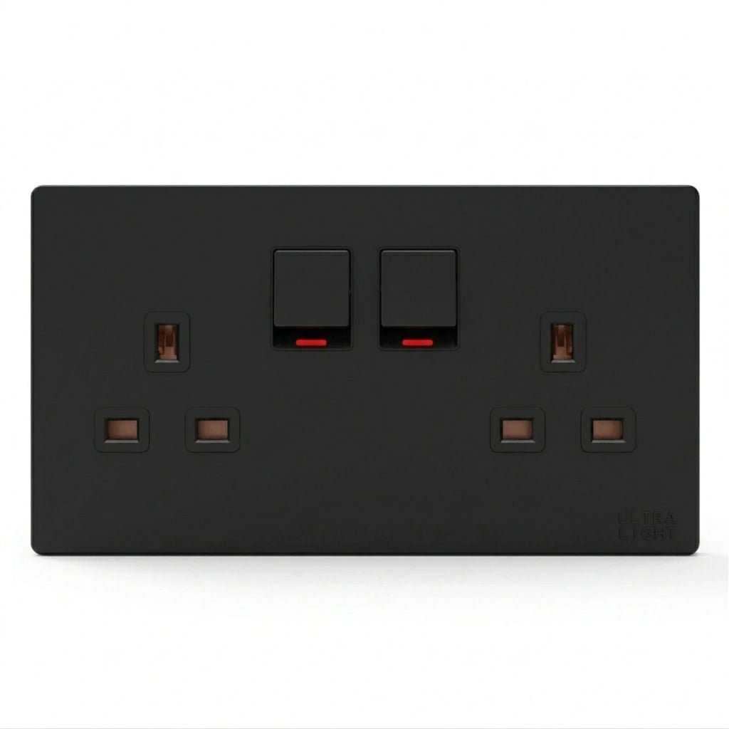 Black electrical socket with two sockets and two switches on a white background
