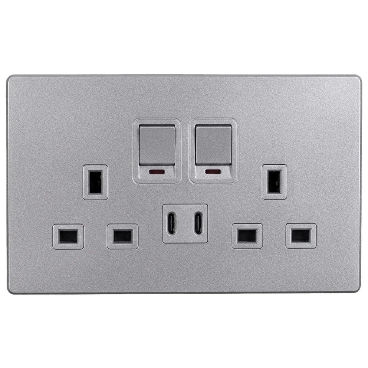 Silver electrical socket with two sockets and two switches on a white background