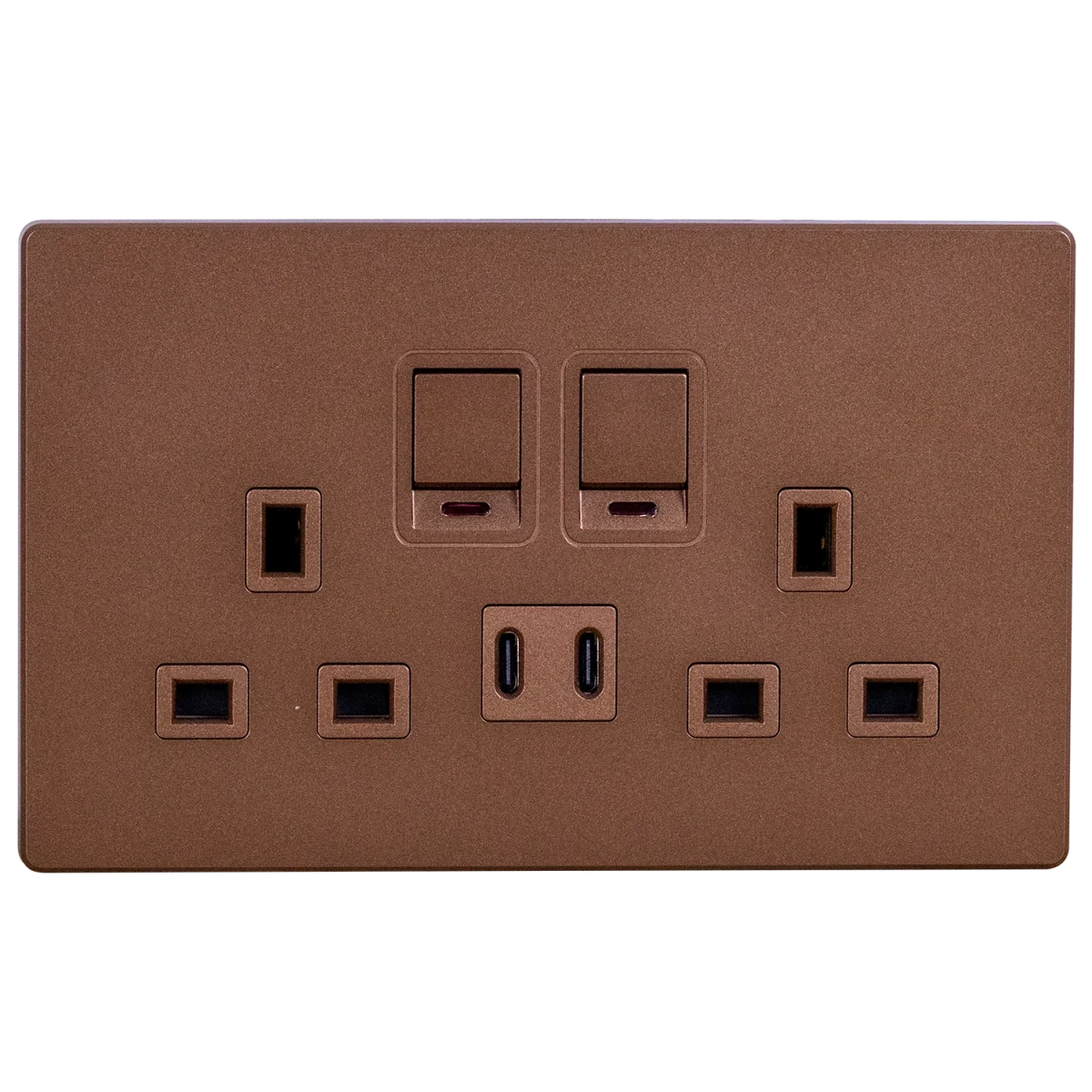 Brown electrical socket with multiple outlets on a white background