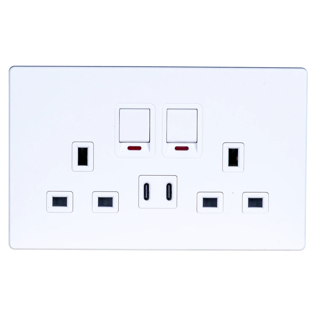 White electrical socket with multiple outlets on a white background