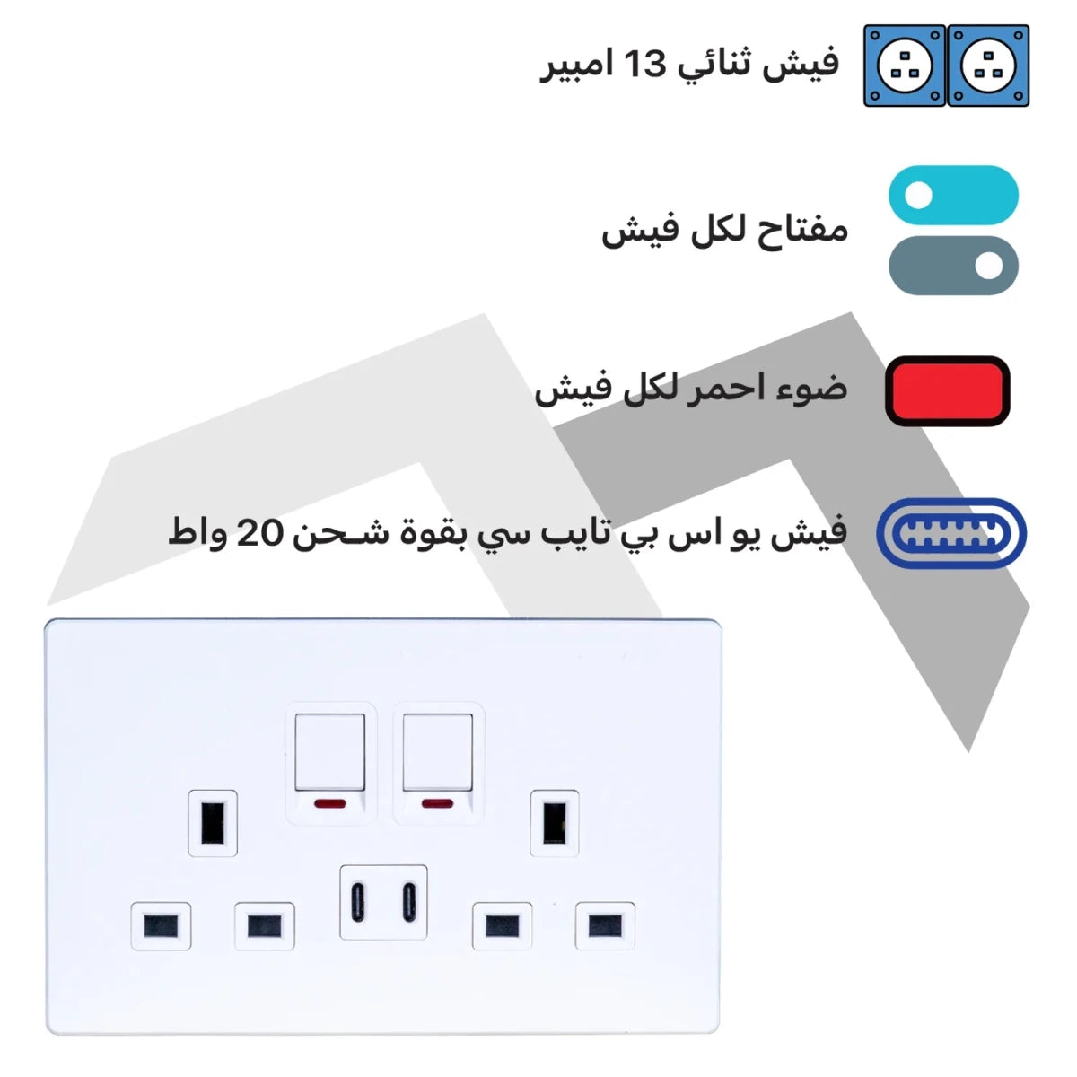 Electrical outlet with features highlighted and text in Arabic