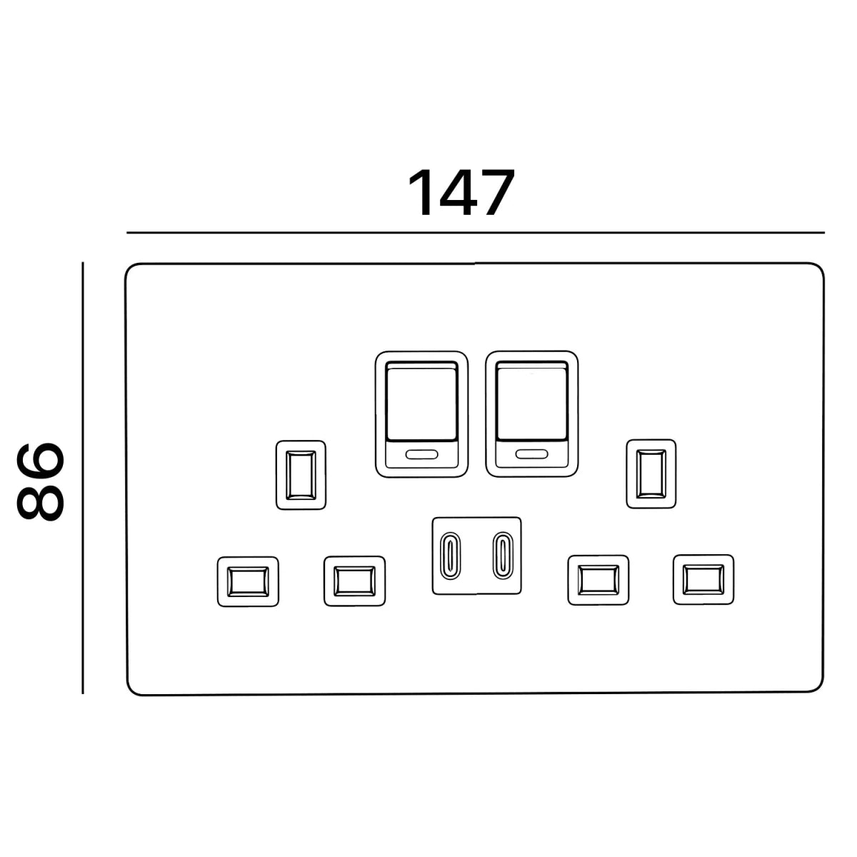 Line drawing of a wall switch panel with dimensions 86mm and 147mm.