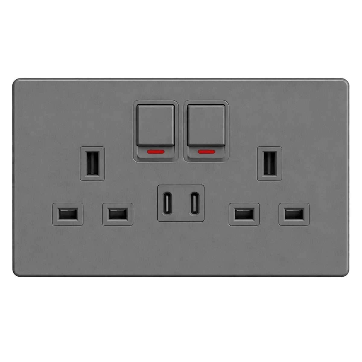 Gray electrical socket with two switches on a white background