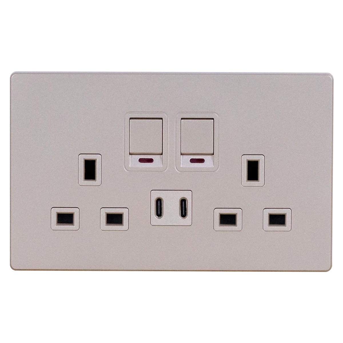 Light gray electrical wall switch with multiple sockets and switches on a white background