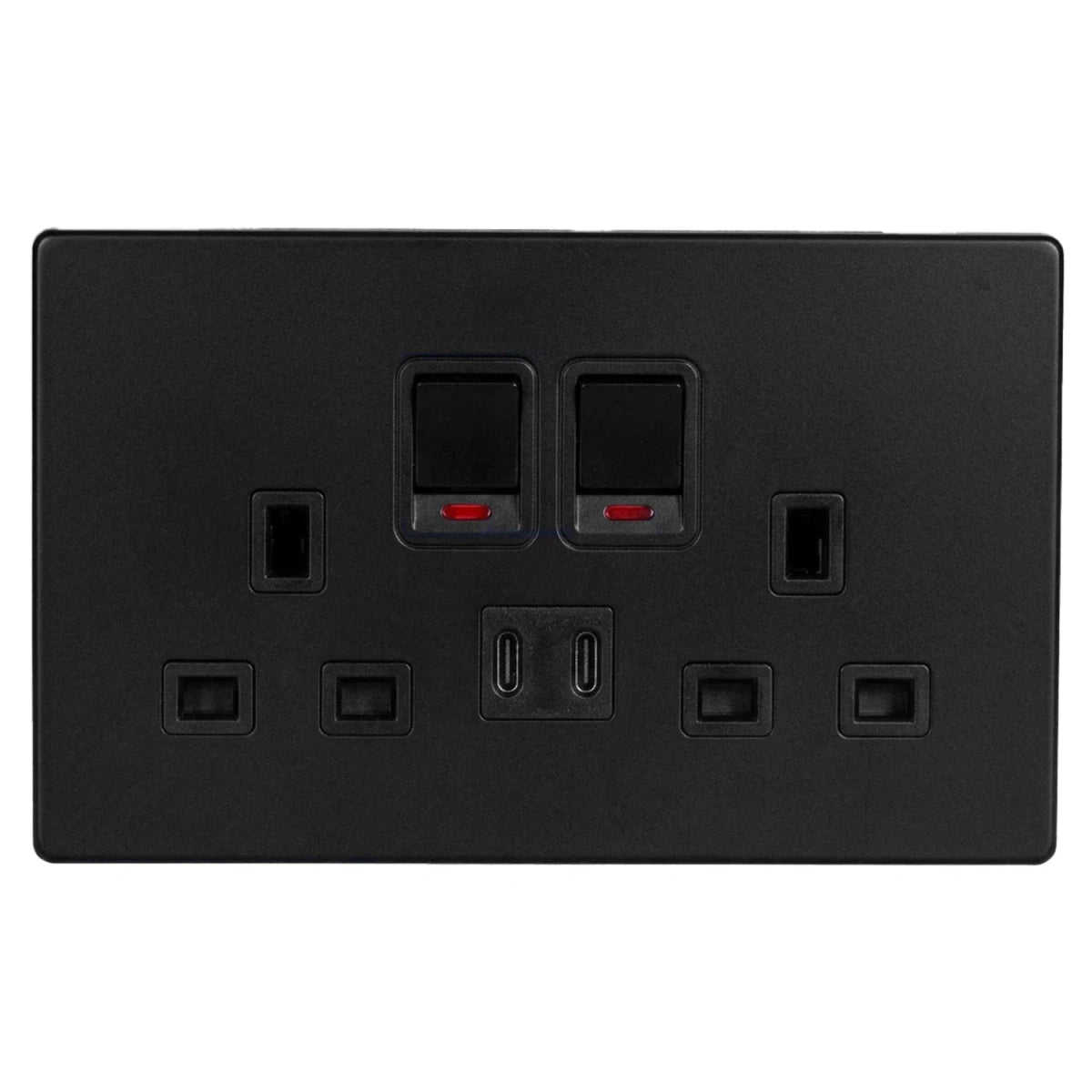 Black electrical socket with two sockets and two switches on a white background