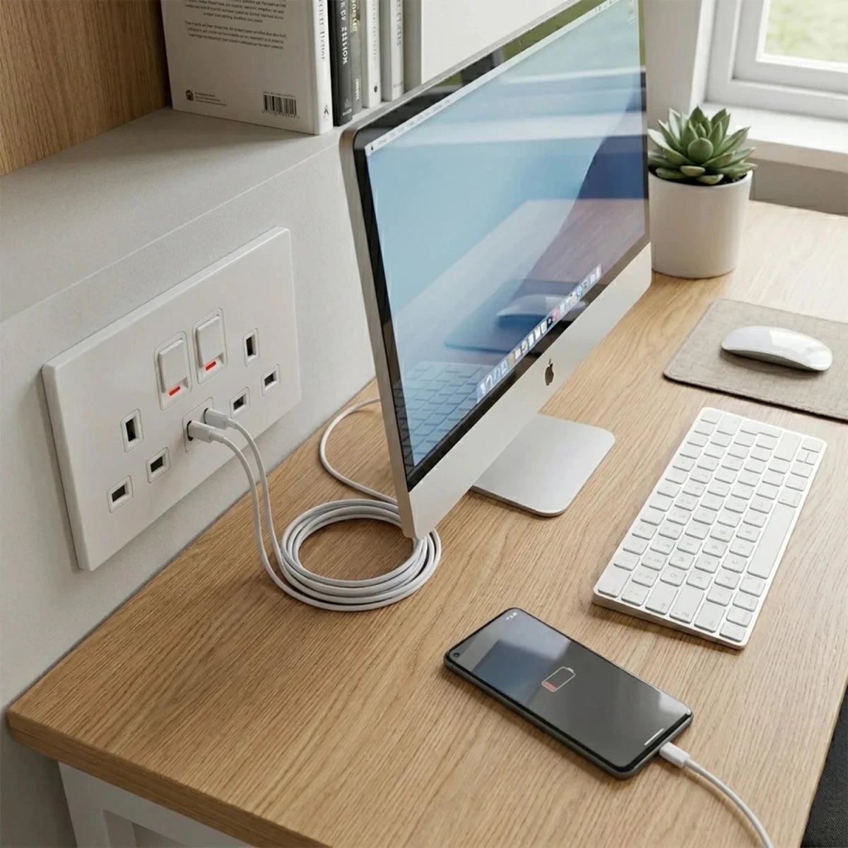 Wooden desk with computer setup including monitor, keyboard, mouse, and smartphone charging.