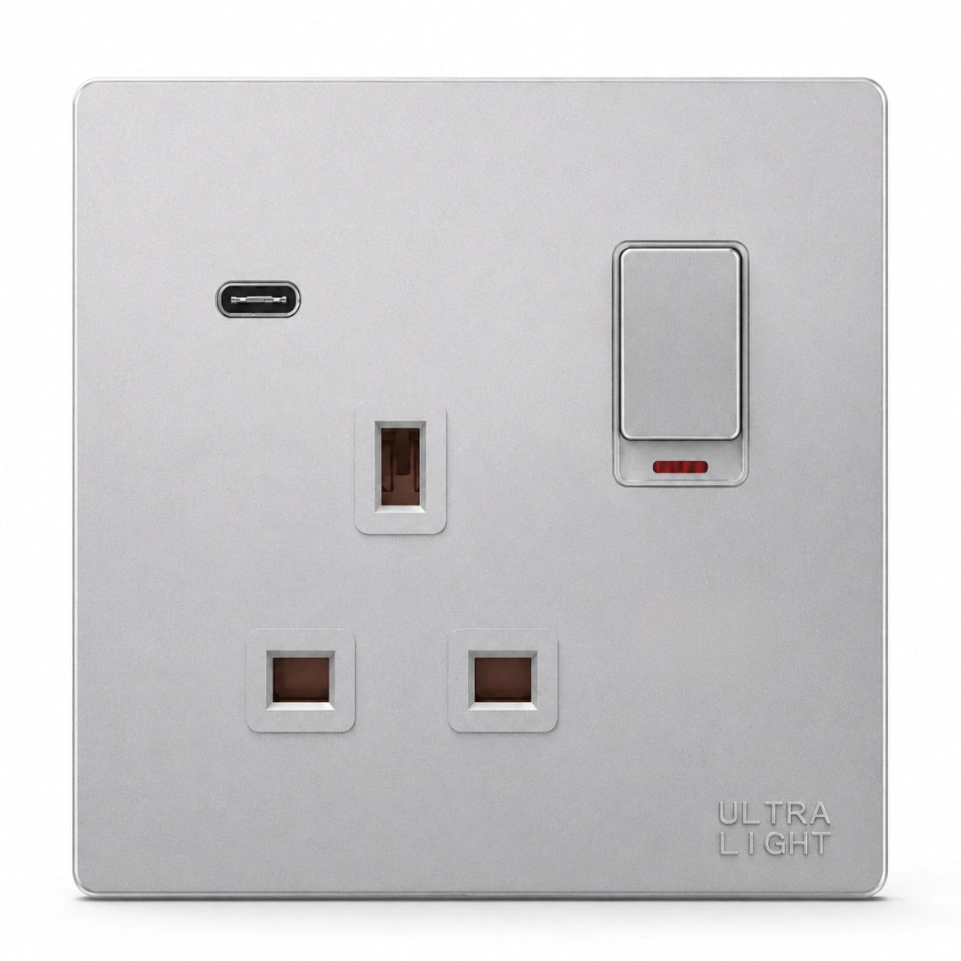 Light gray electrical socket with USB port and switch on a white background