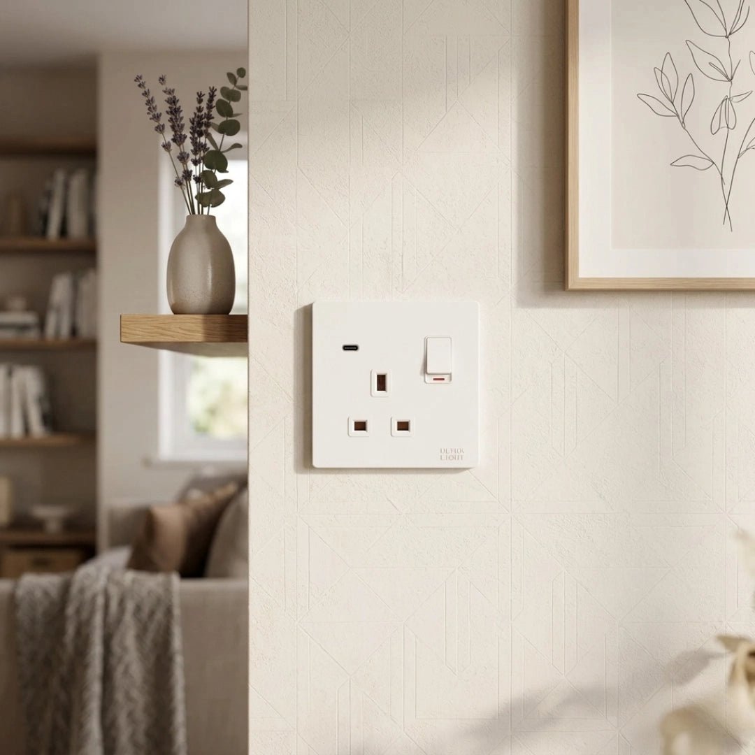 Light switch panel on a wall with a decorative vase and plant in the background