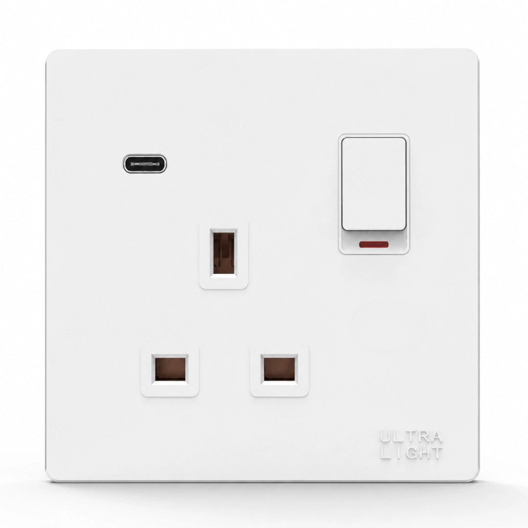 White electrical socket with switch on a white background