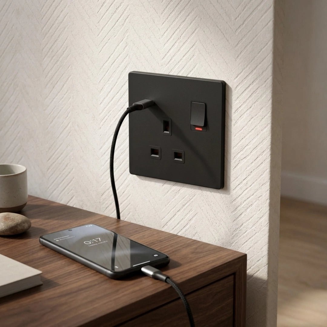 Black wall socket with a phone charging on a wooden surface against a white textured wall.