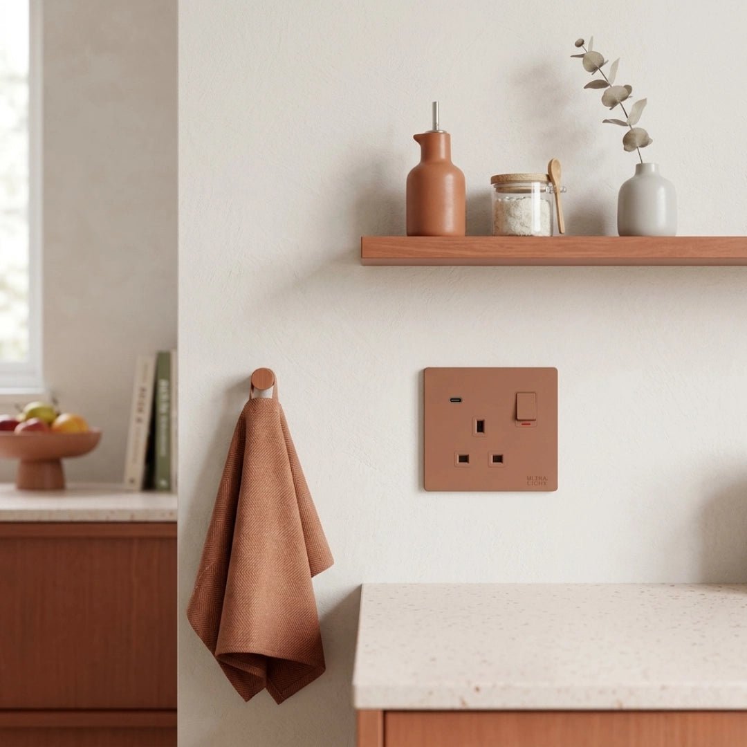 Light switch panel on a wall with a decorative vase and plant in the background