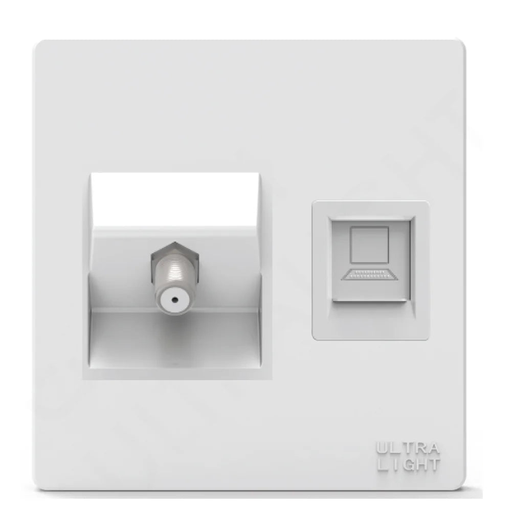 White light switch panel with two outlets on a white background