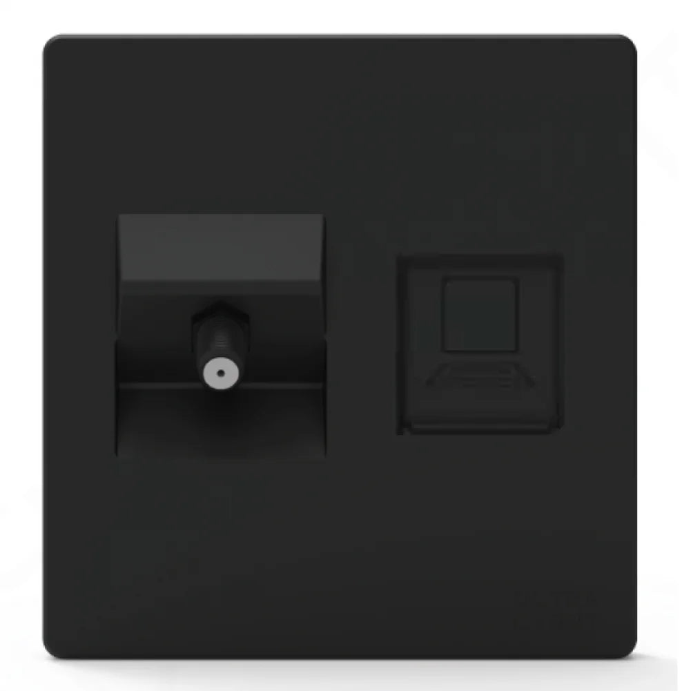 Black wall socket with two outlets on a white background