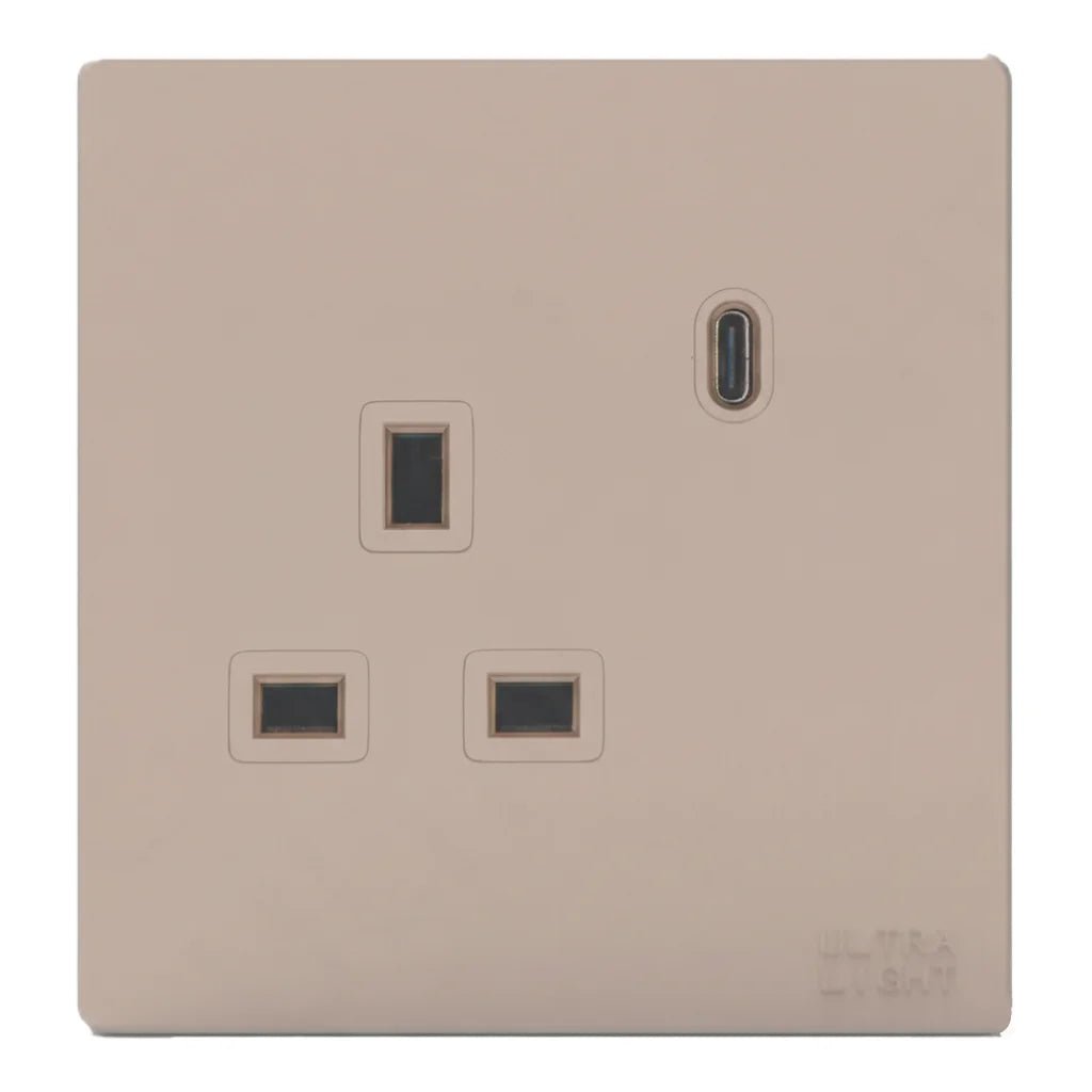 Beige wall socket with multiple outlets on a white background