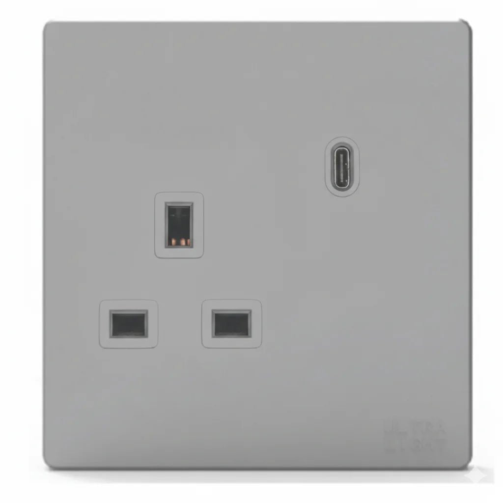 Gray wall socket with multiple ports on a white background