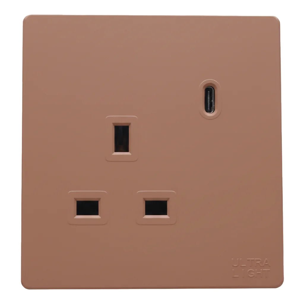 Brown wall socket with USB port on a white background
