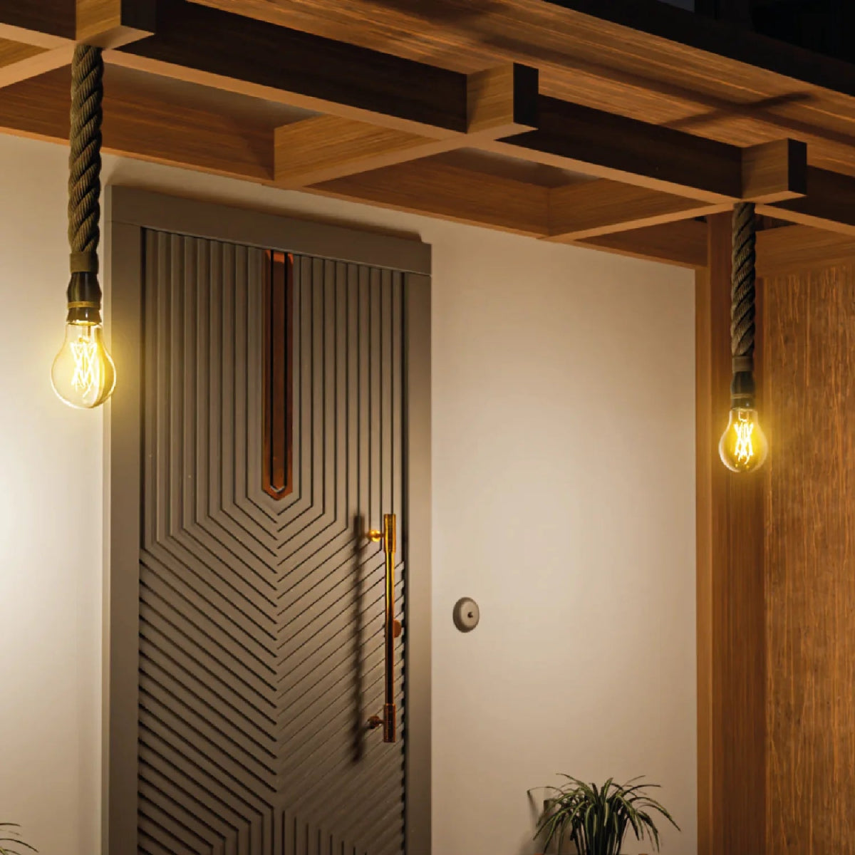 Decorative door with wooden panels and hanging light bulbs in a warm indoor setting.