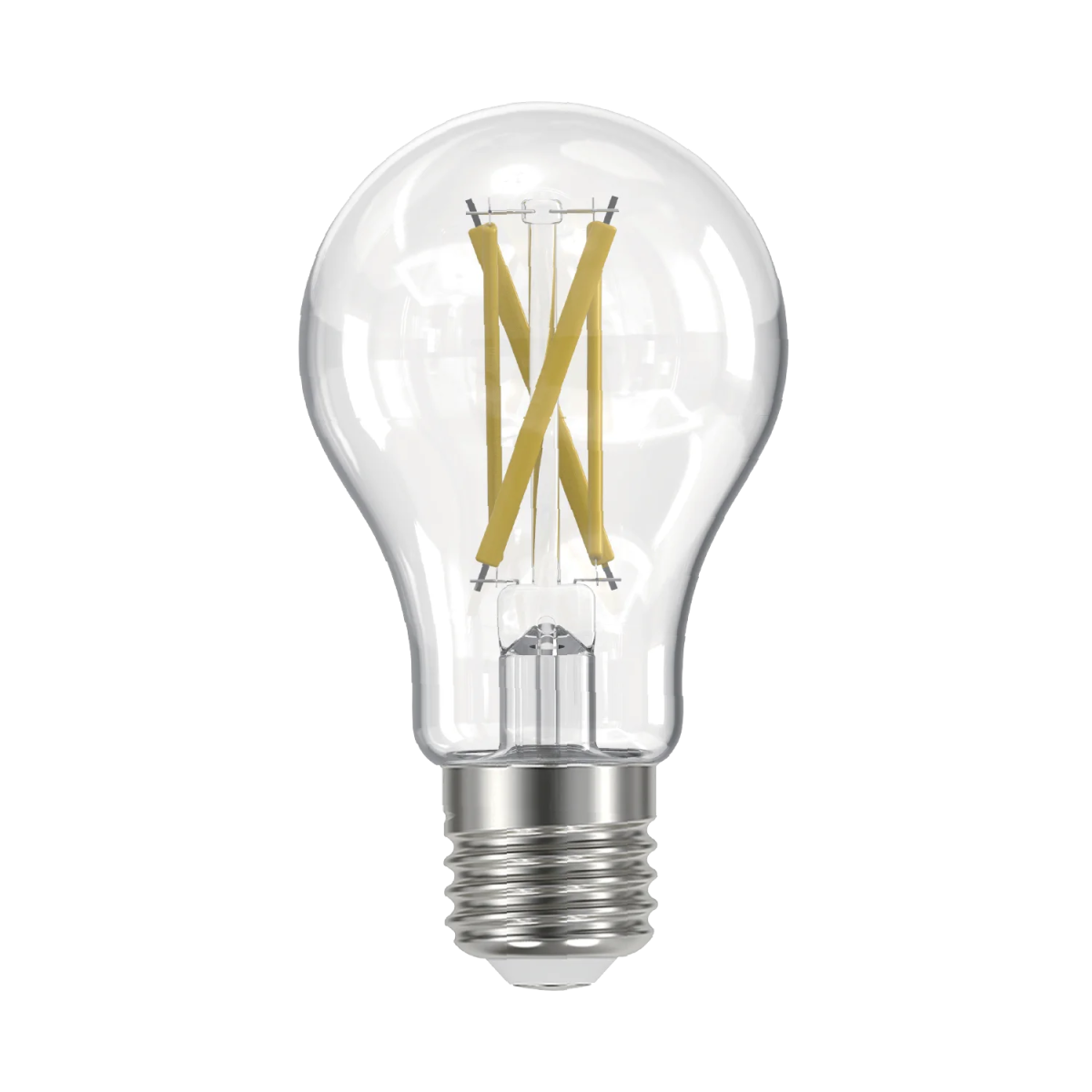 Clear light bulb with visible filaments on a white background