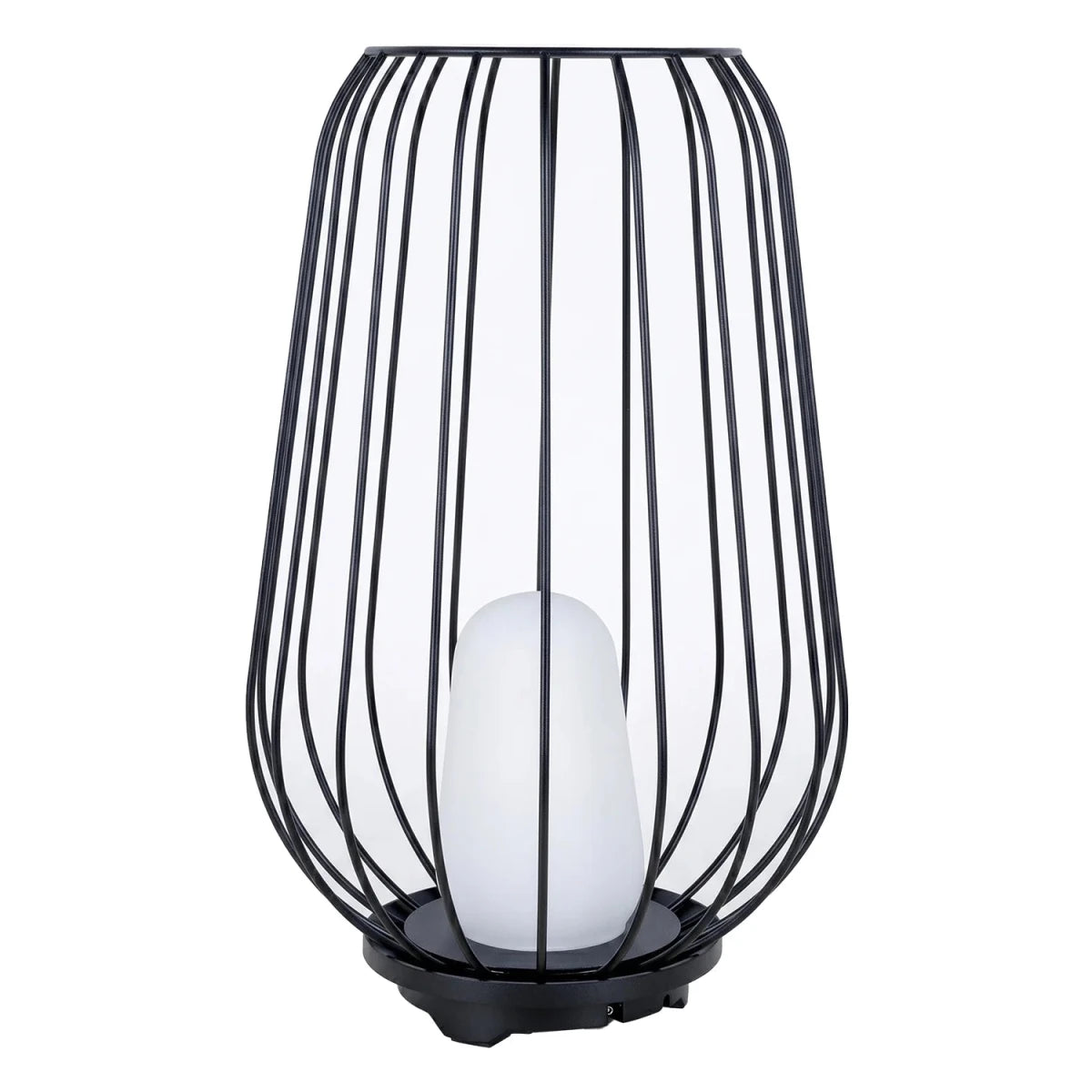 Black wire cage lantern with a white glass cover on a white background