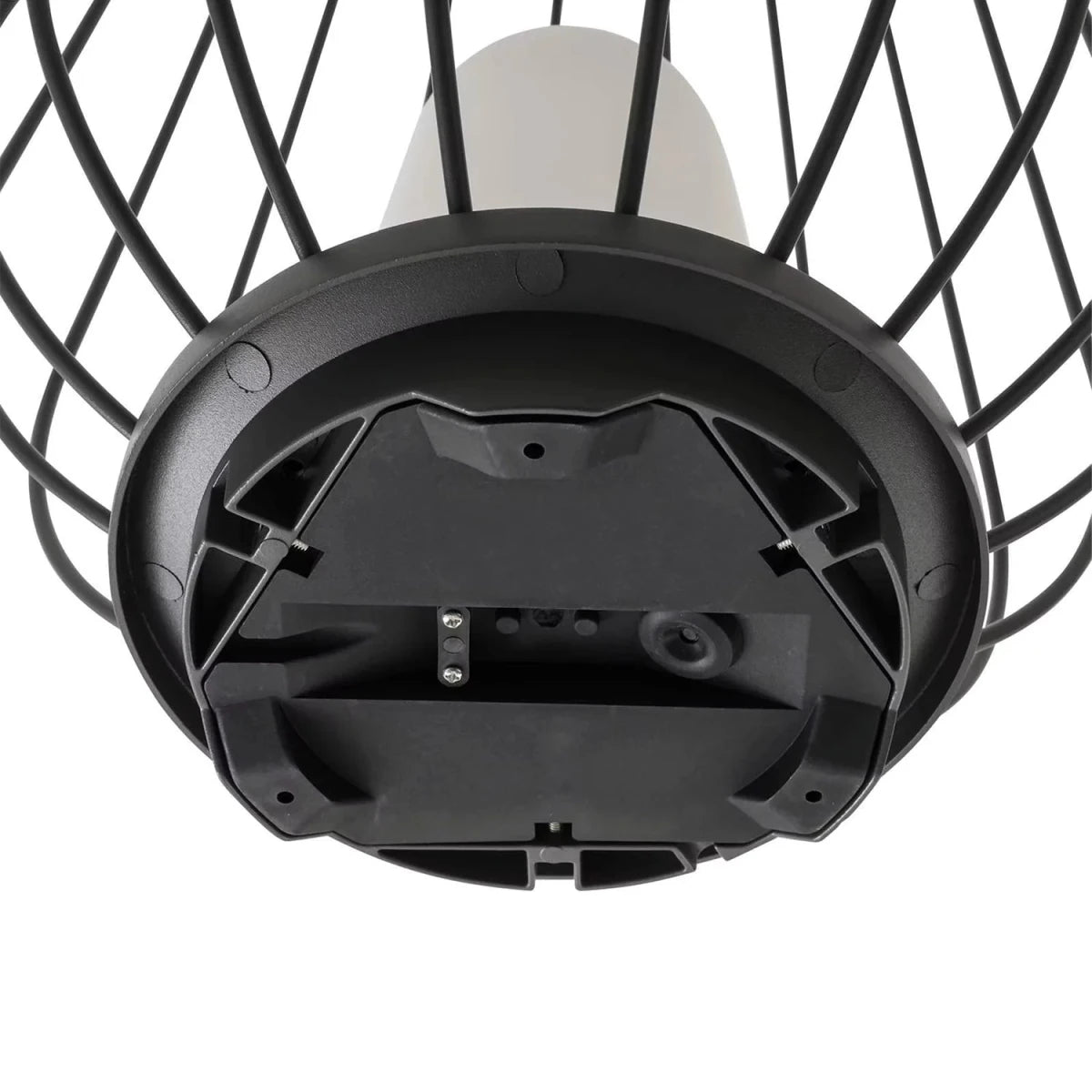 Close-up of a black ceiling light fixture with a white bulb on a white background