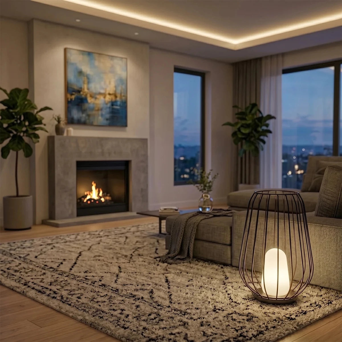 Cozy living room with fireplace, sofa, and decorative lamp.
