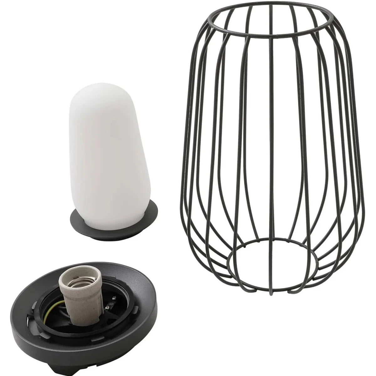 Lamp parts including a white bulb, black wire cage, and base on a white background