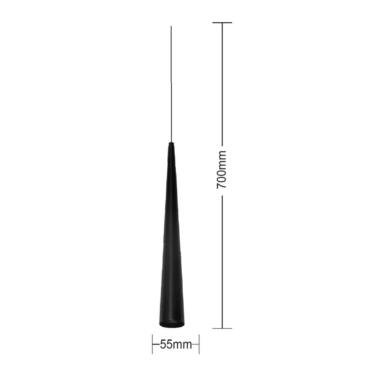 Black antenna with measurements on a white background