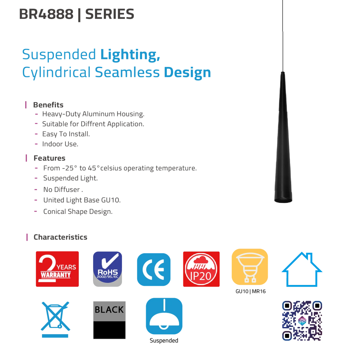 BR4888 series suspended lighting with features and benefits listed on a white background.