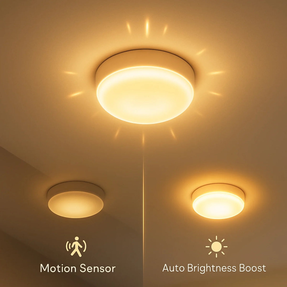Ceiling lights with motion sensor and auto brightness boost features on a neutral background