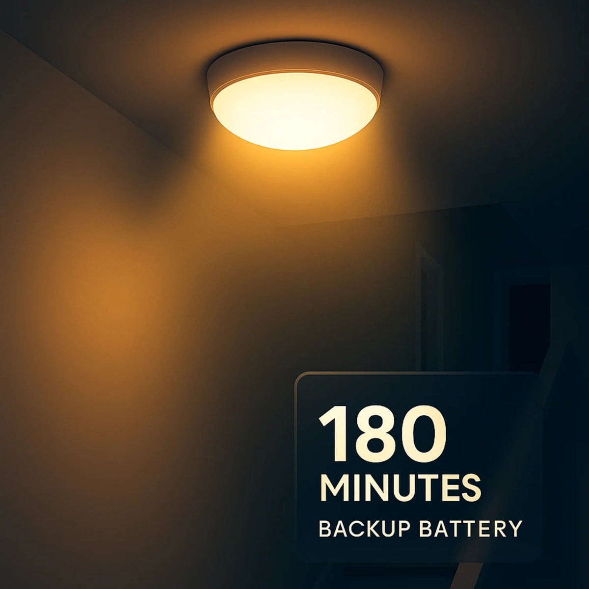 Ceiling light with a 180 minutes backup battery text in a dark setting