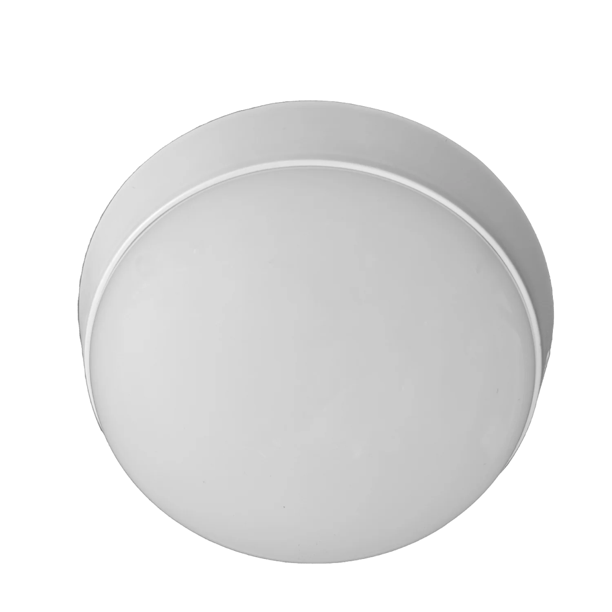 Round white ceiling light fixture on a white background