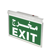 An emergency exit sign light with the word 'EXIT' in bold, white letters on a green background, enclosed in a rectangular metal frame.