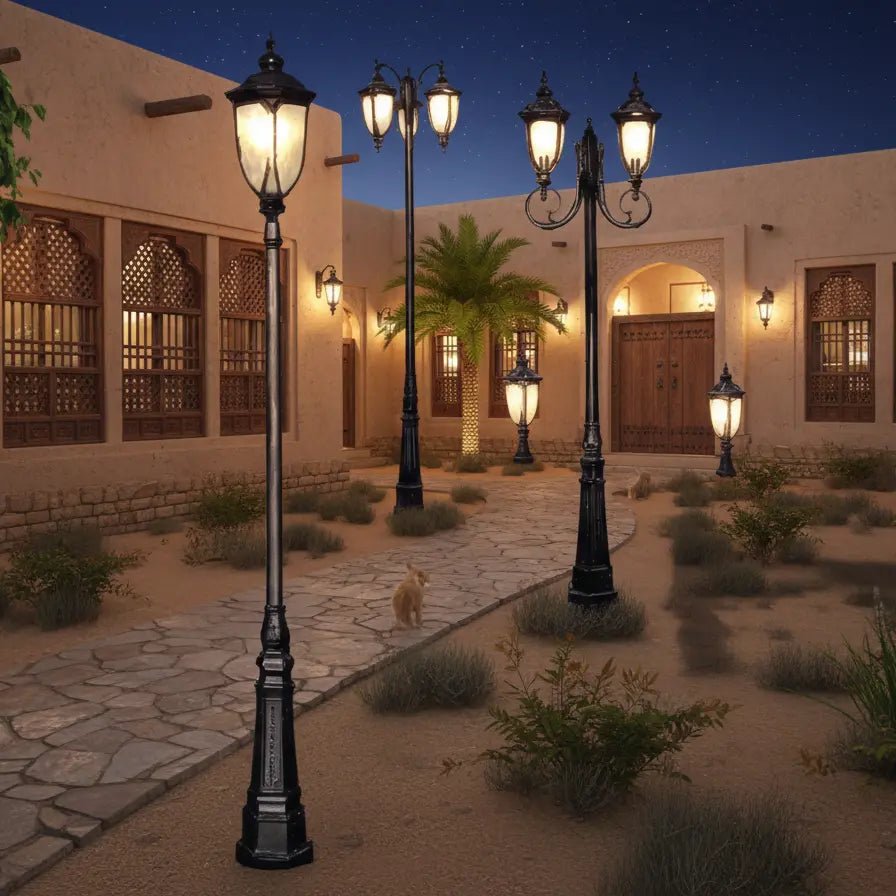 Decorative street lamps in a desert setting with a building in the background
