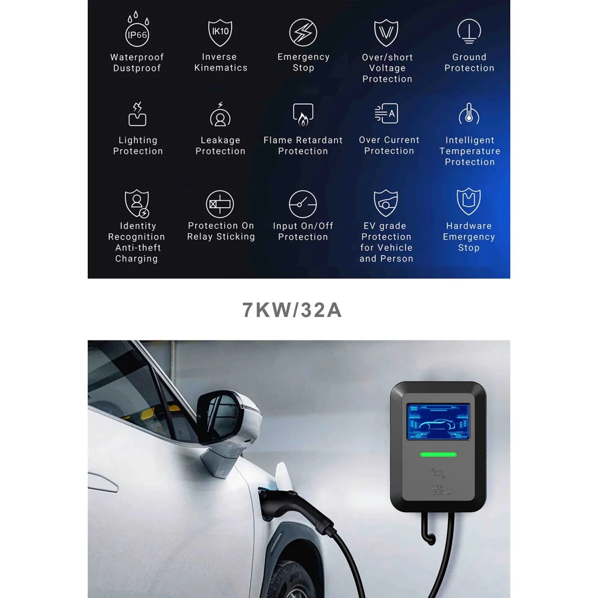 الترالايت شاحن سيارة كهربائي 7 كيلو واط قابل للتشغيل بتطبيق الجوال أو الكرت (UL-EVC2501)