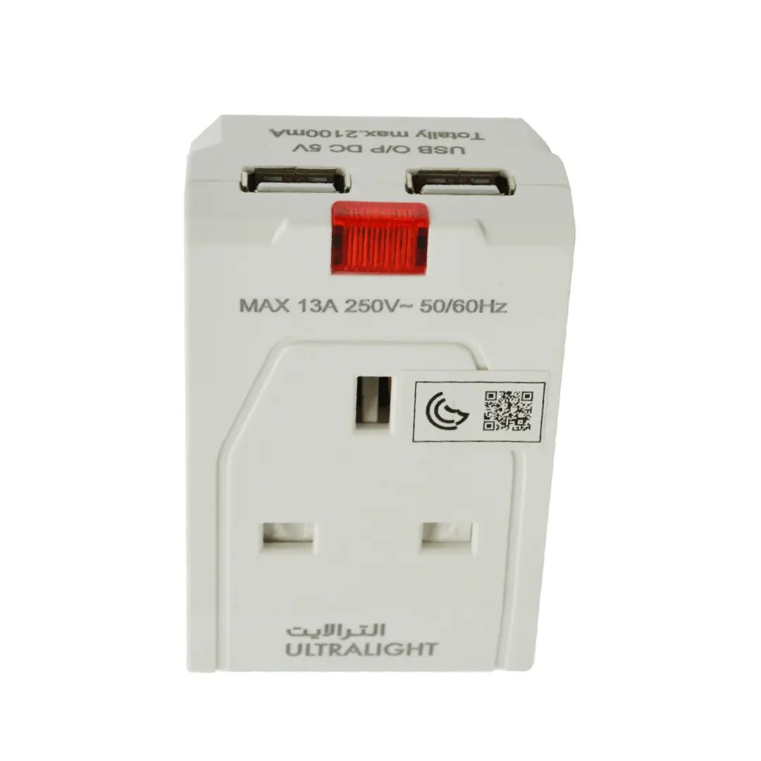 White travel adapter with multiple ports on a white background