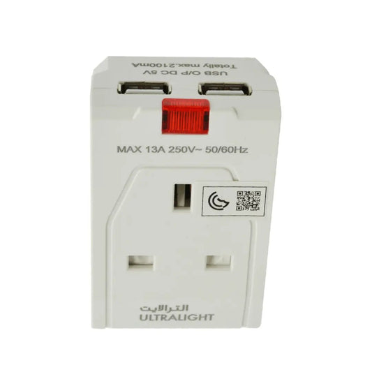 White travel adapter with multiple ports on a white background