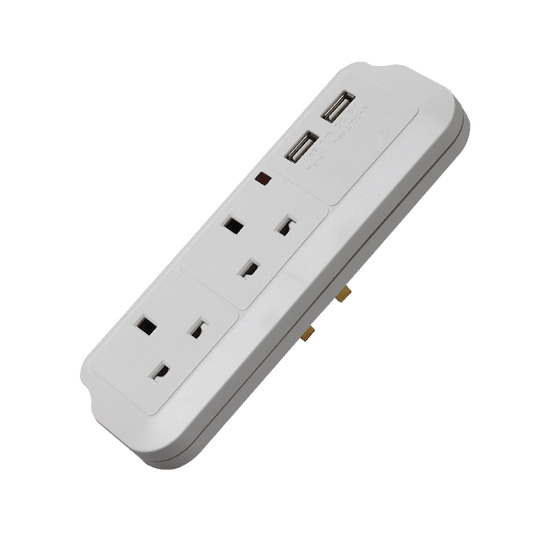 White power strip with multiple sockets and USB ports on a transparent background