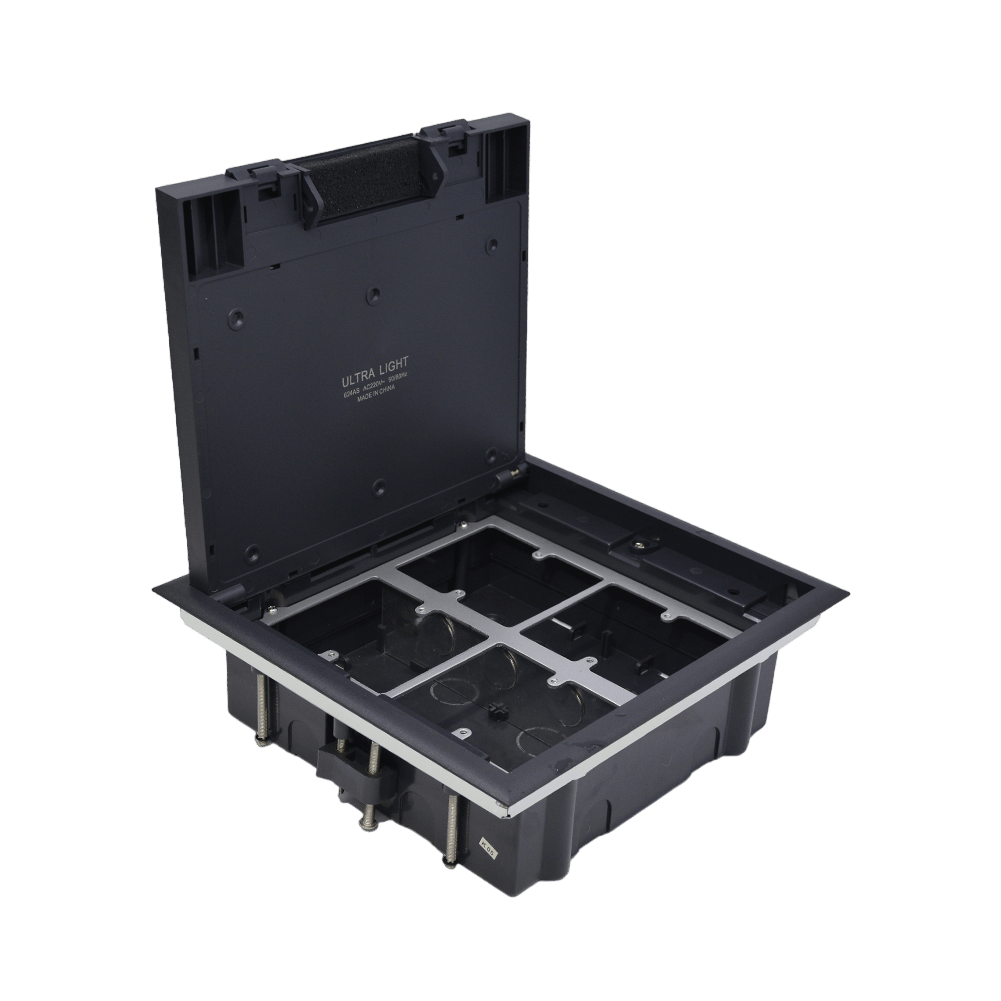 Black plastic container with compartments on a transparent background