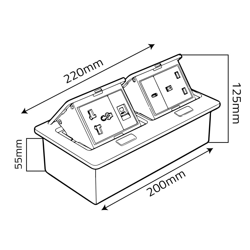 Diagram of a power strip with multiple sockets and measurements in millimeters.