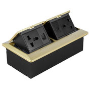 Black electrical outlet with beige cover on a white background